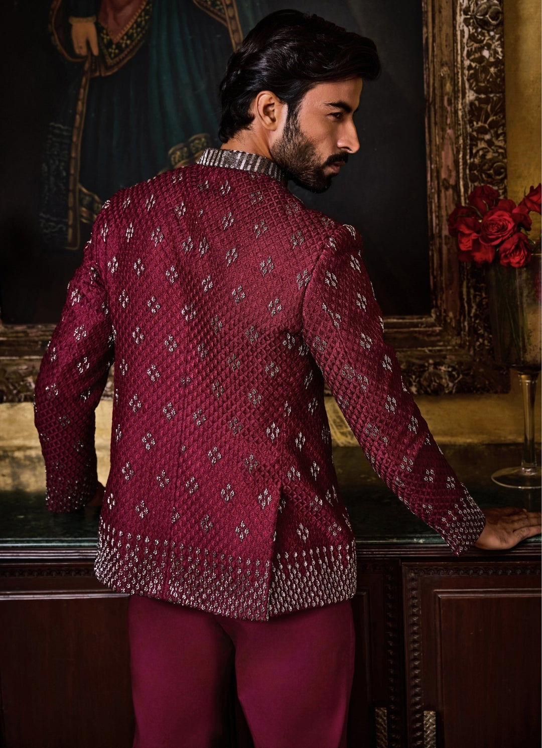 Burgundy Purple Raw Silk Jodhpuri Set Nitika Gujral - Men - Fabilicious Fashion