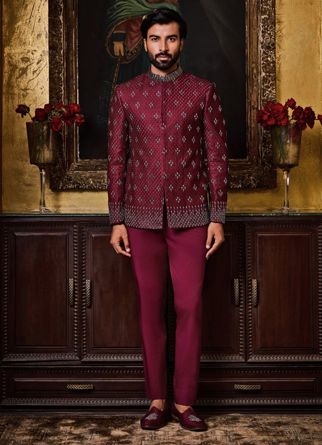 Burgundy Purple Raw Silk Jodhpuri Set Nitika Gujral - Men - Fabilicious Fashion