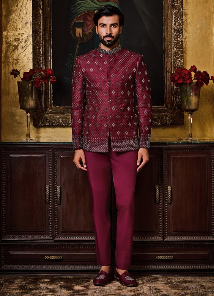 Burgundy Purple Raw Silk Jodhpuri Set Nitika Gujral - Men - Fabilicious Fashion