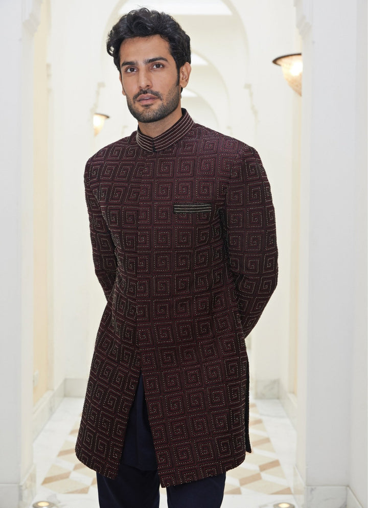 Burgundy Red and Black Raw Silk Sherwani Set Nitika Gujral - Men - Fabilicious Fashion