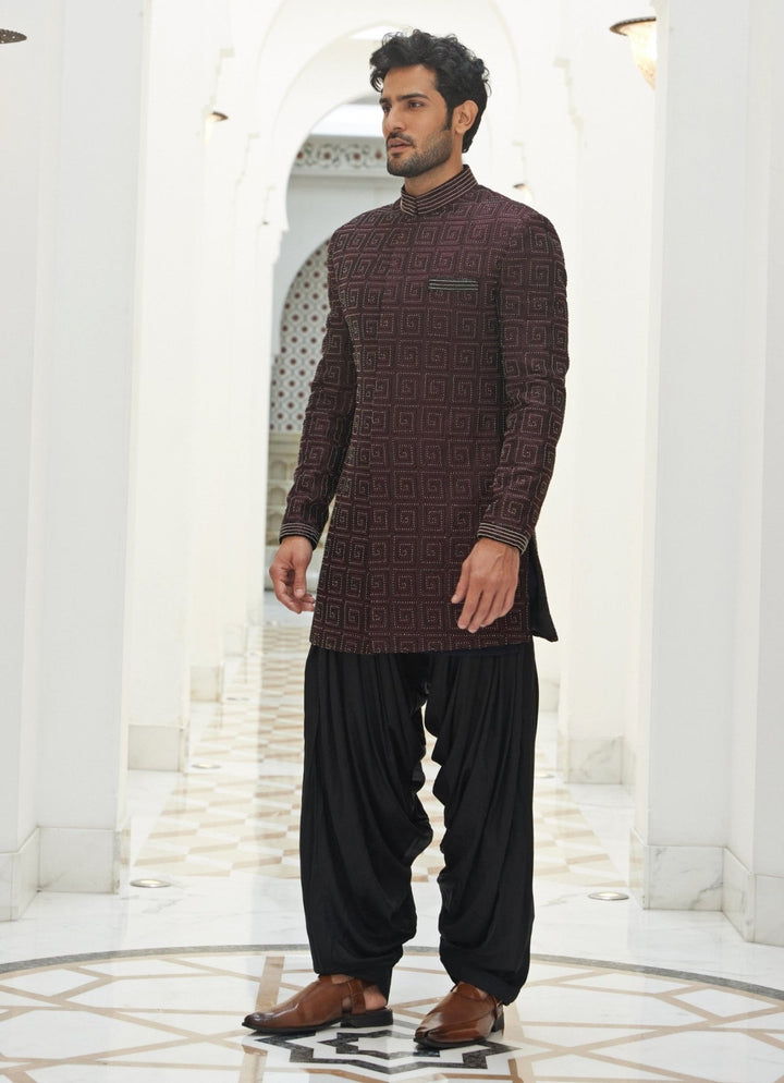 Burgundy Red and Black Raw Silk Sherwani Set Nitika Gujral - Men - Fabilicious Fashion
