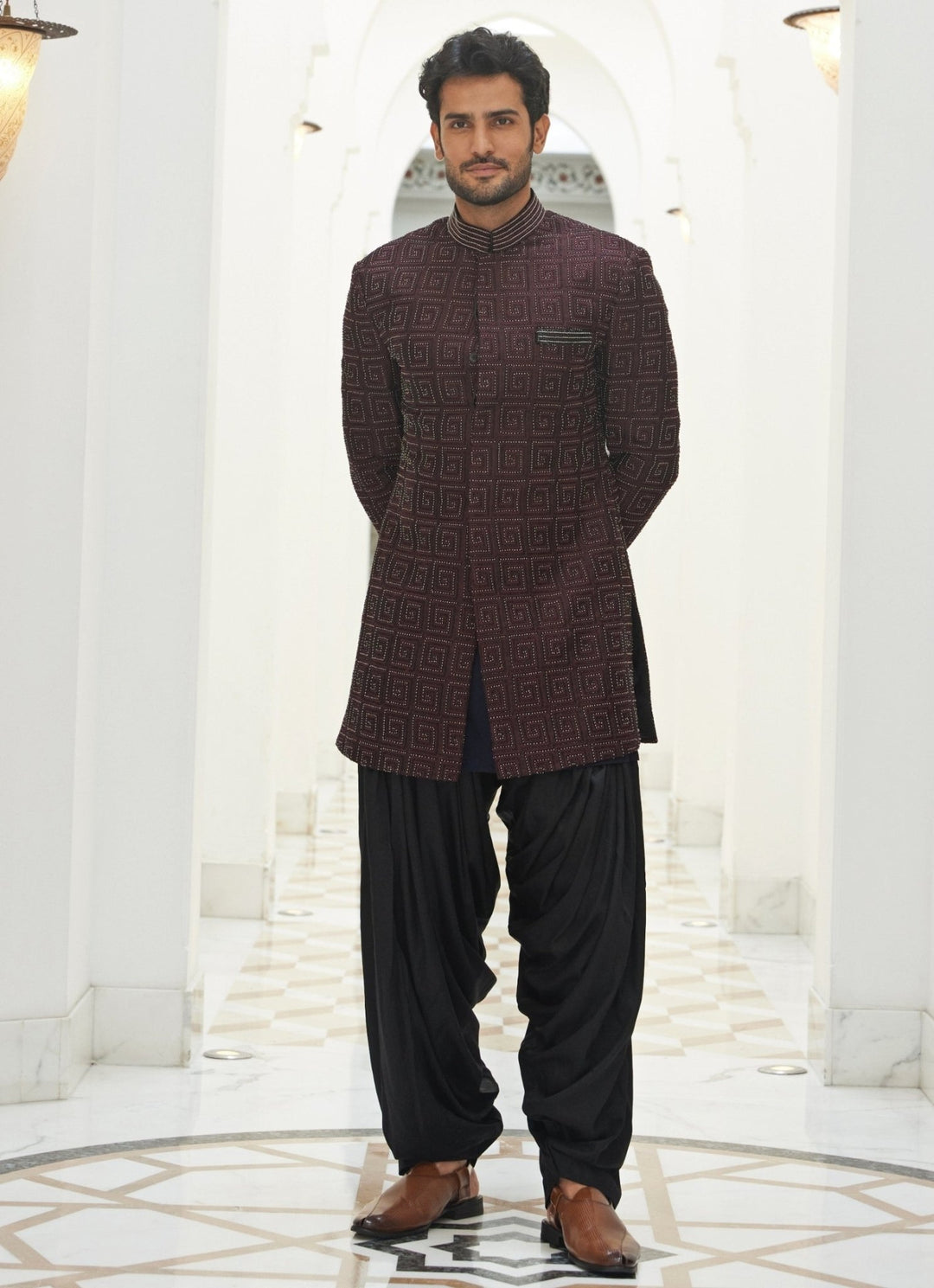 Burgundy Red and Black Raw Silk Sherwani Set Nitika Gujral - Men - Fabilicious Fashion