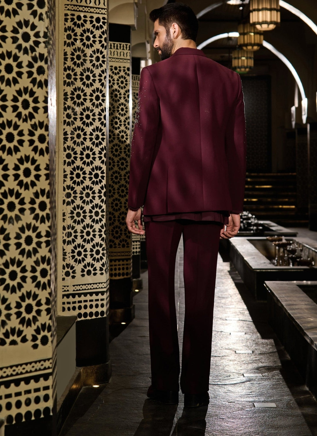 Contrast by Parth Burgundy Red Crystal Lycra Suiting Short Jacket SetFabilicious Fashion