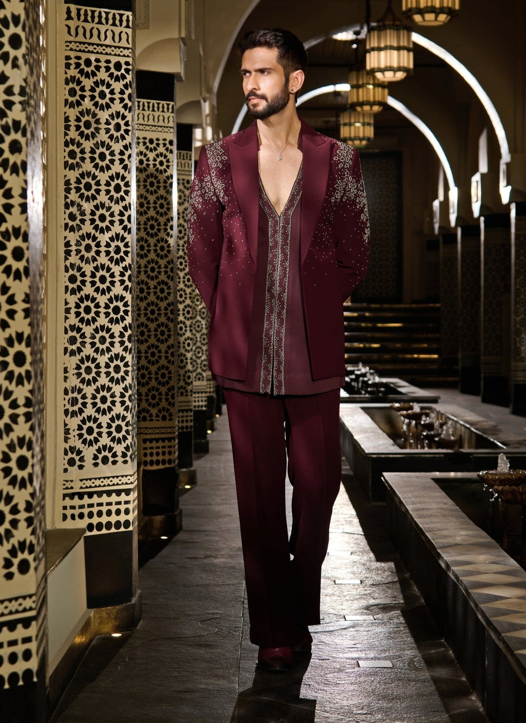 Contrast by Parth Burgundy Red Crystal Lycra Suiting Short Jacket SetFabilicious Fashion