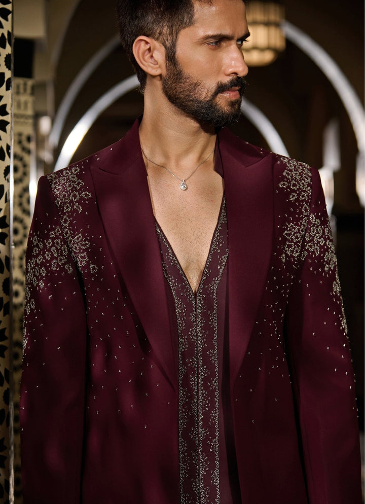 Contrast by Parth Burgundy Red Crystal Lycra Suiting Short Jacket SetFabilicious Fashion