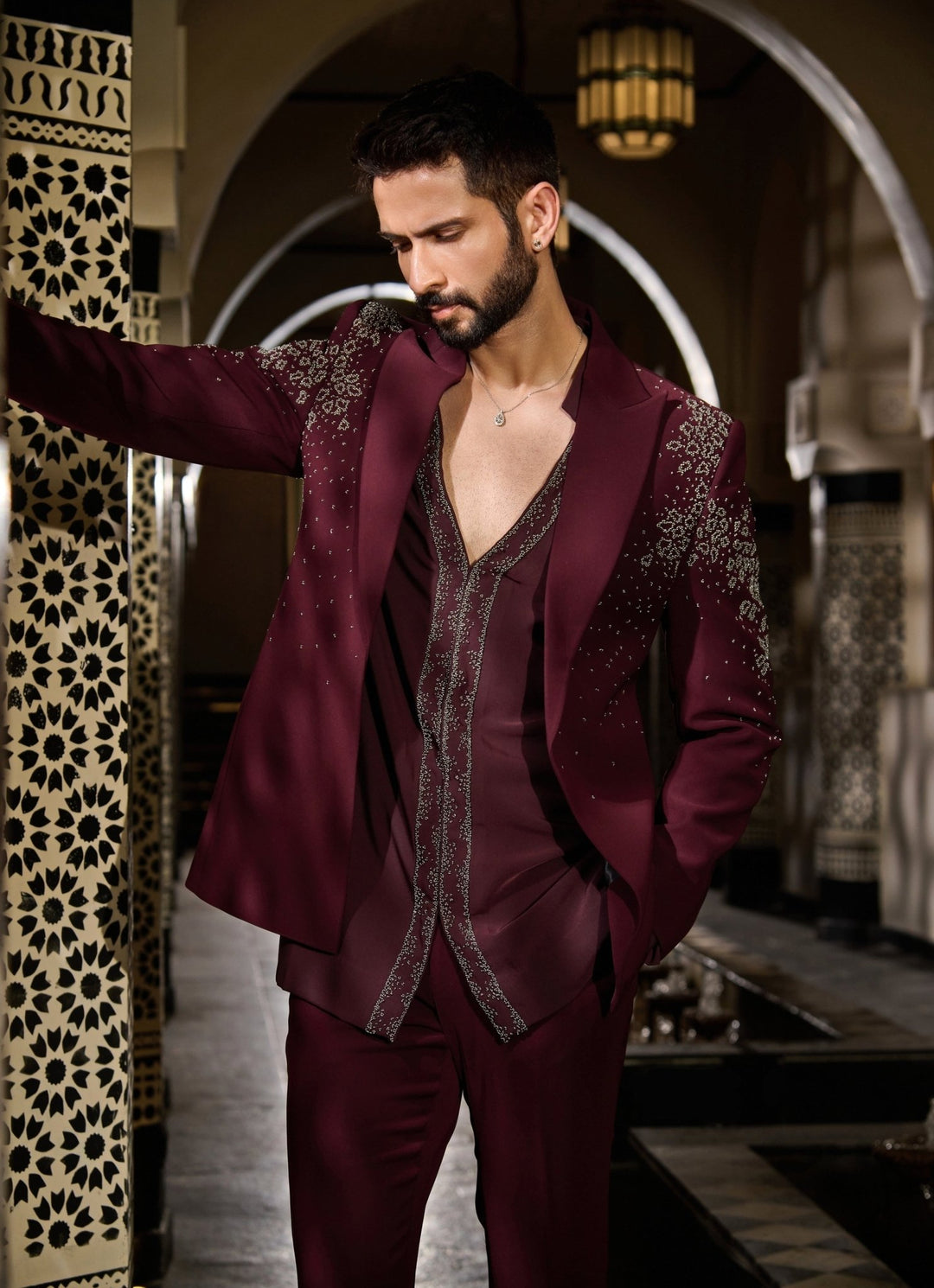 Contrast by Parth Burgundy Red Crystal Lycra Suiting Short Jacket SetFabilicious Fashion