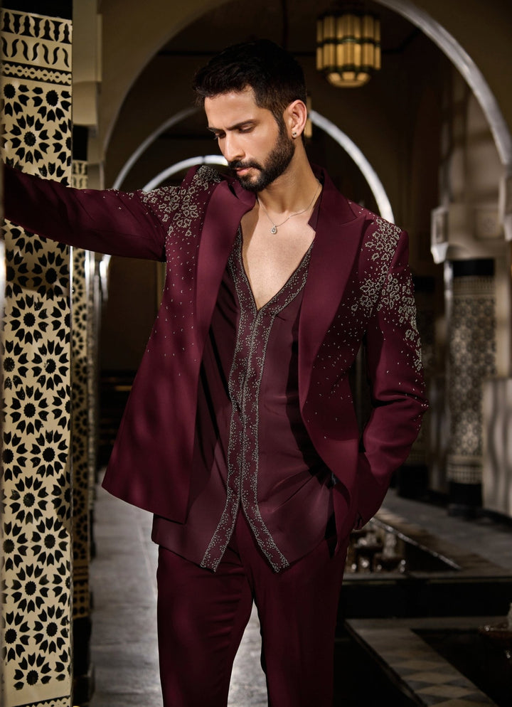 Contrast by Parth Burgundy Red Crystal Lycra Suiting Short Jacket SetFabilicious Fashion