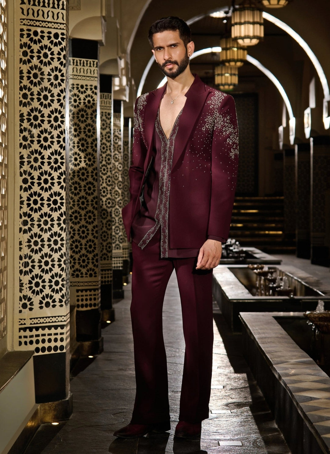 Contrast by Parth Burgundy Red Crystal Lycra Suiting Short Jacket SetFabilicious Fashion