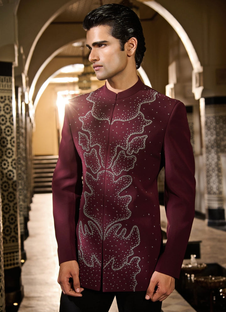 Contrast by Parth Burgundy Red Lycra Suiting Bandhgala SetFabilicious Fashion
