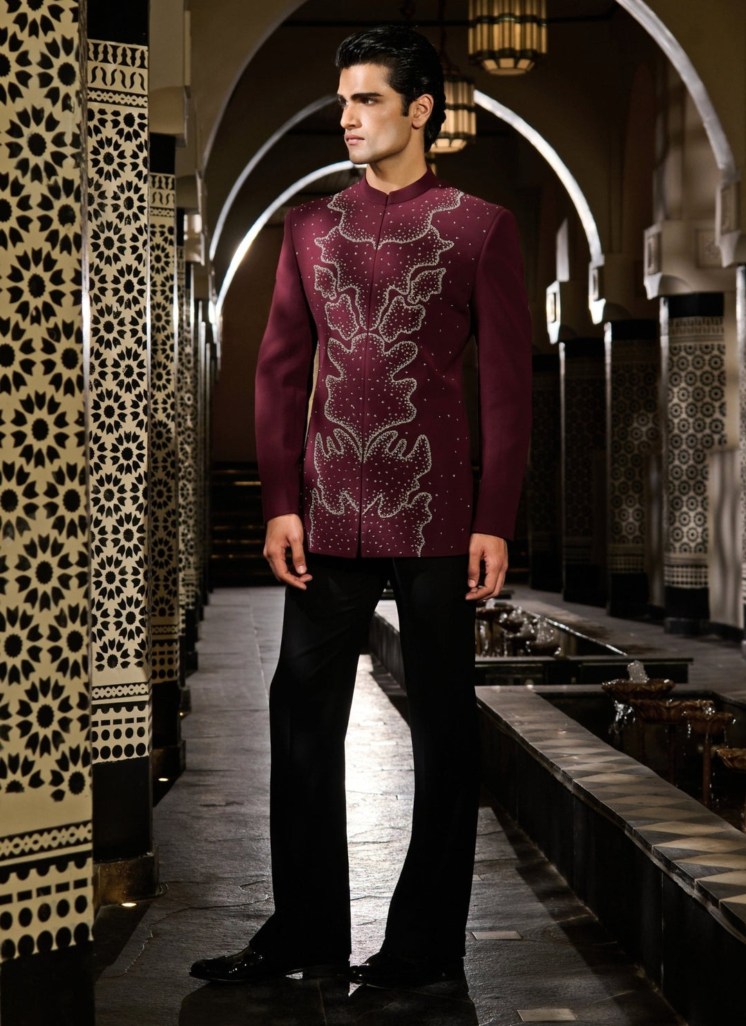 Contrast by Parth Burgundy Red Lycra Suiting Bandhgala SetFabilicious Fashion