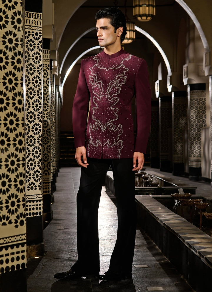 Contrast by Parth Burgundy Red Lycra Suiting Bandhgala SetFabilicious Fashion