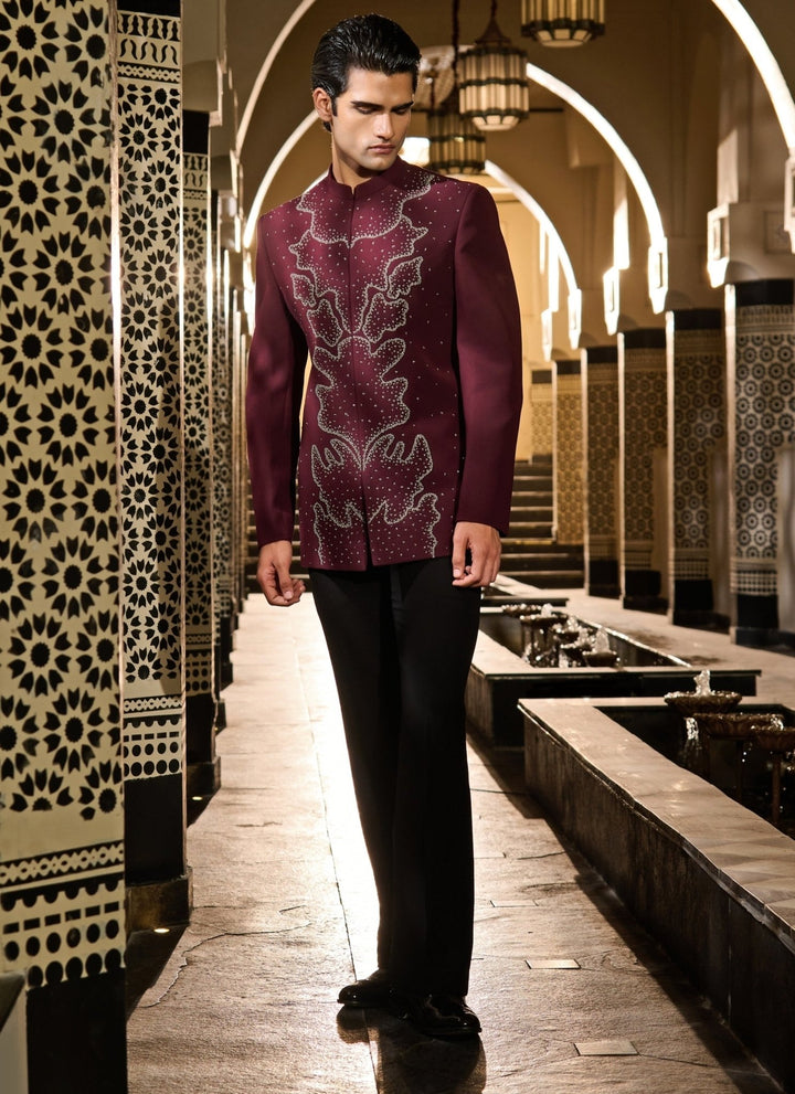 Contrast by Parth Burgundy Red Lycra Suiting Bandhgala SetFabilicious Fashion