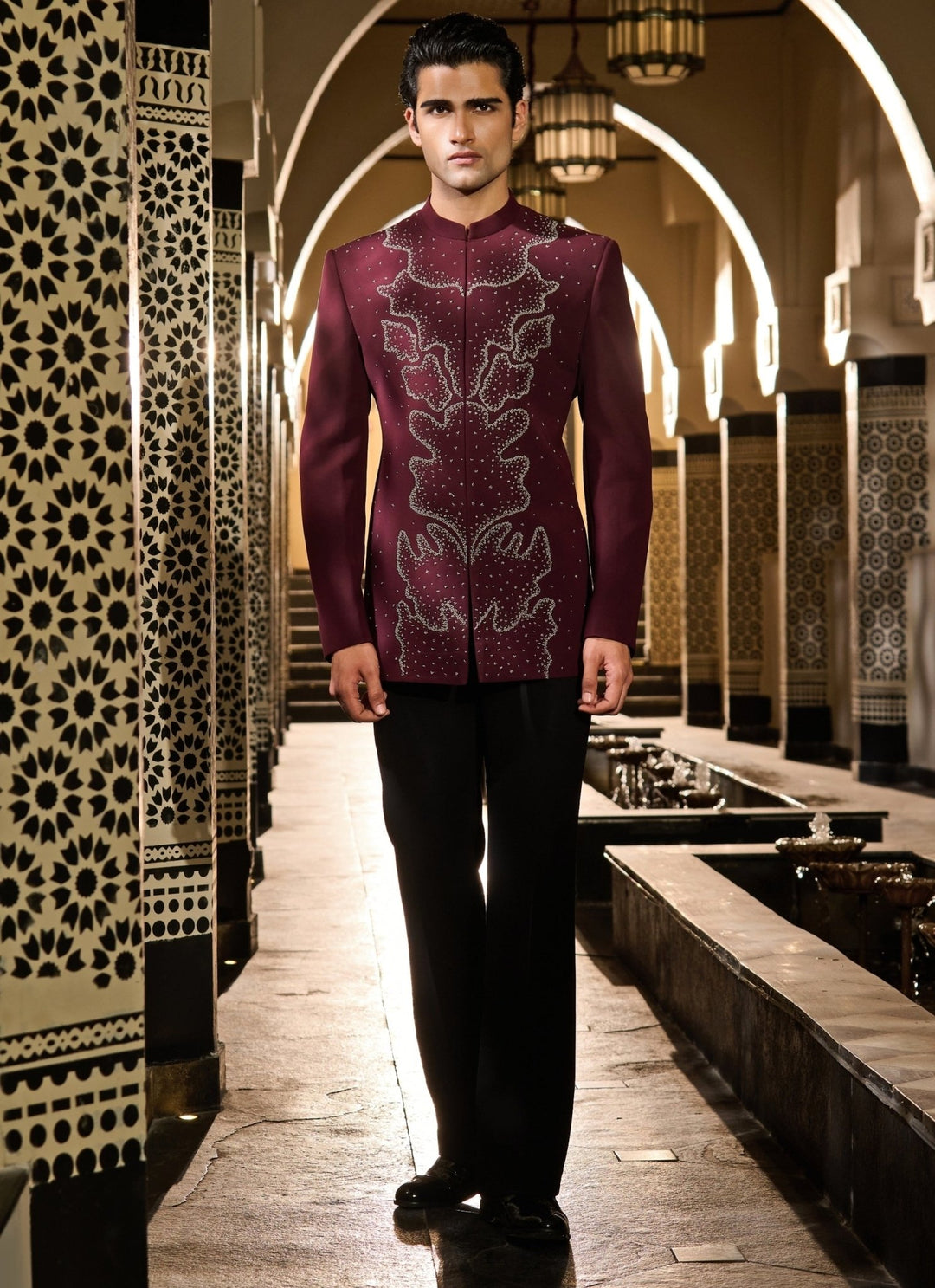 Contrast by Parth Burgundy Red Lycra Suiting Bandhgala SetFabilicious Fashion