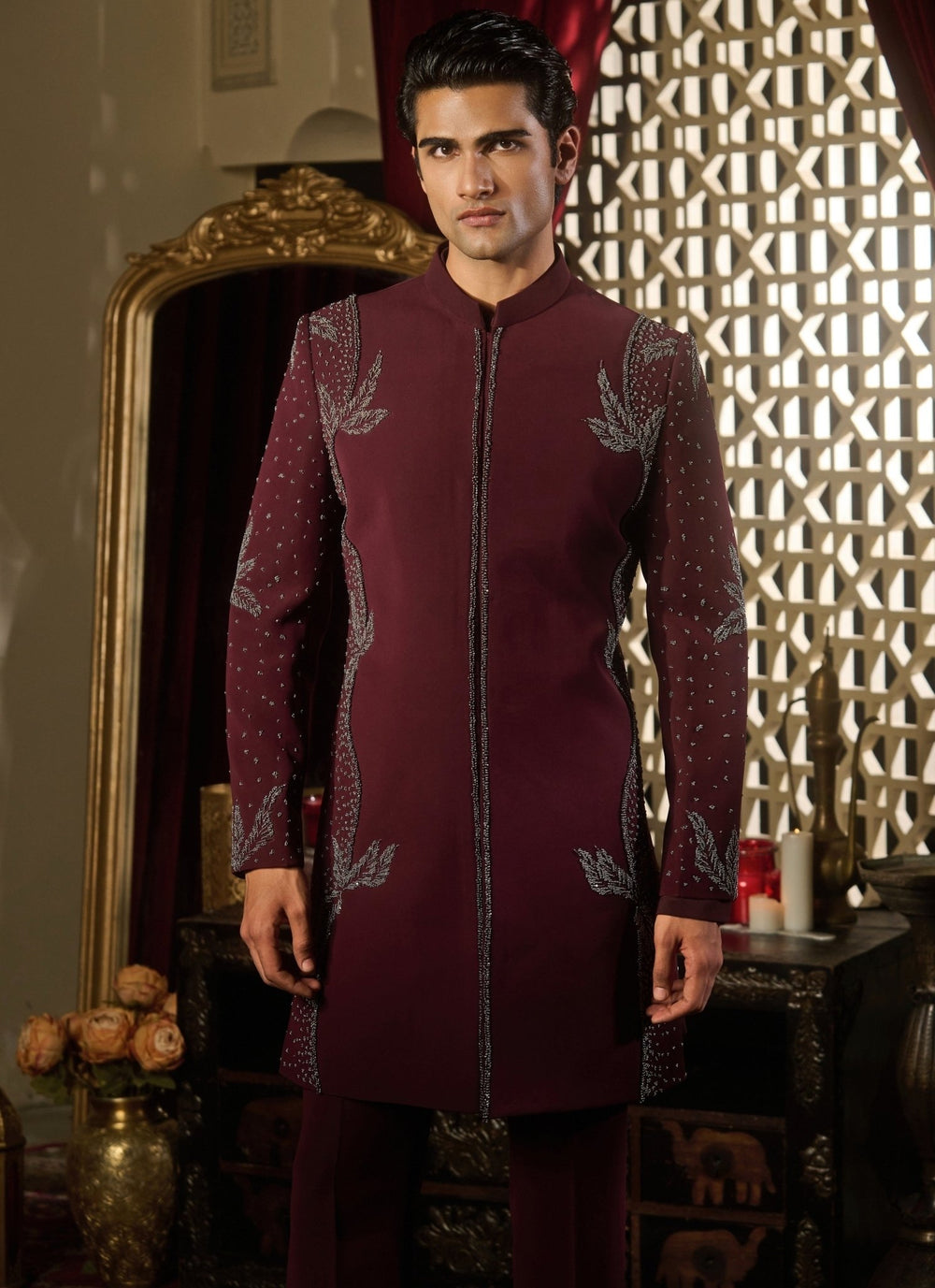 Contrast by Parth Burgundy Red Lycra Suiting Sherwani SetFabilicious Fashion