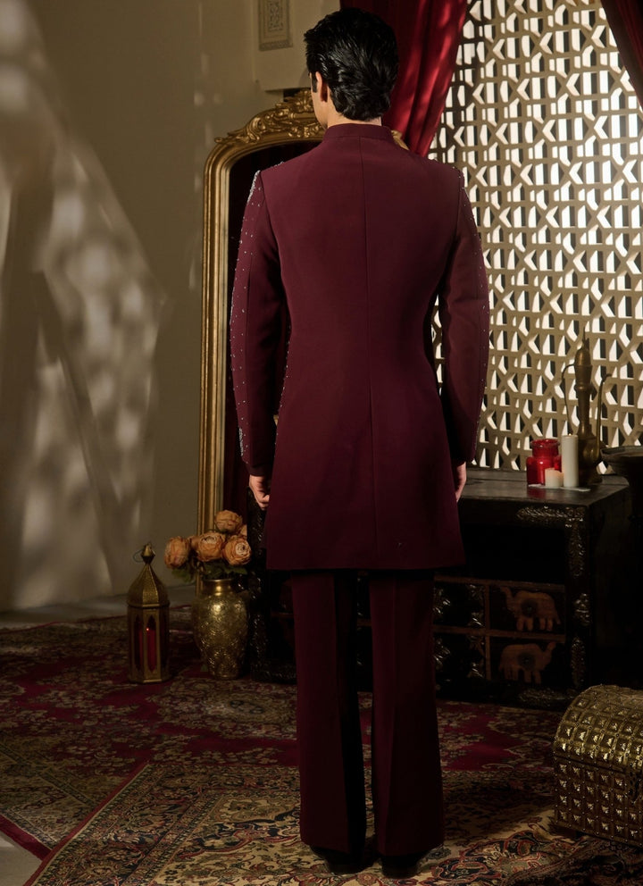 Contrast by Parth Burgundy Red Lycra Suiting Sherwani SetFabilicious Fashion