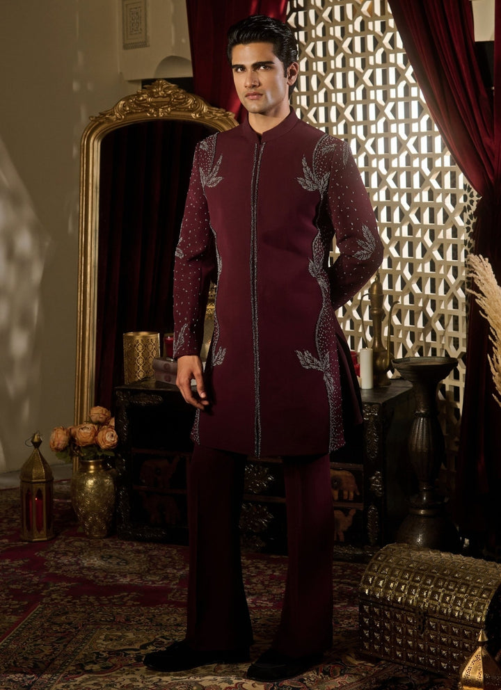 Contrast by Parth Burgundy Red Lycra Suiting Sherwani SetFabilicious Fashion