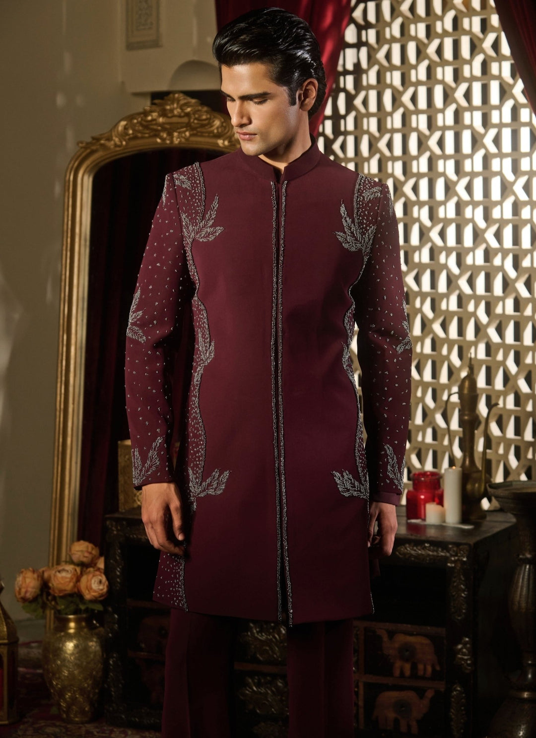 Contrast by Parth Burgundy Red Lycra Suiting Sherwani SetFabilicious Fashion