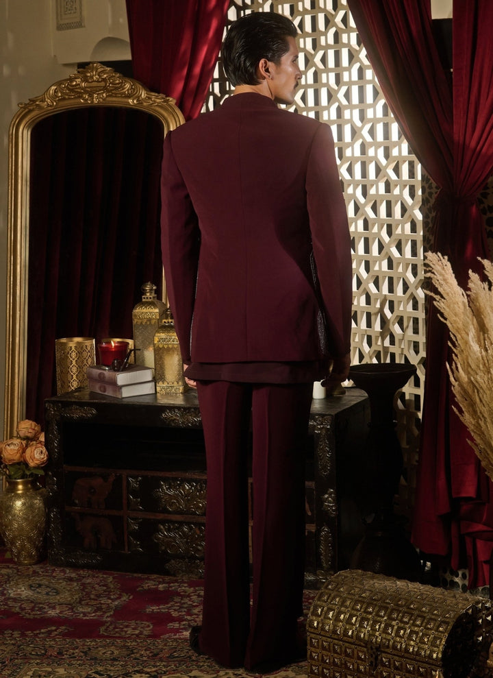 Contrast by Parth Burgundy Red Lycra Suiting Short Jacket SetFabilicious Fashion
