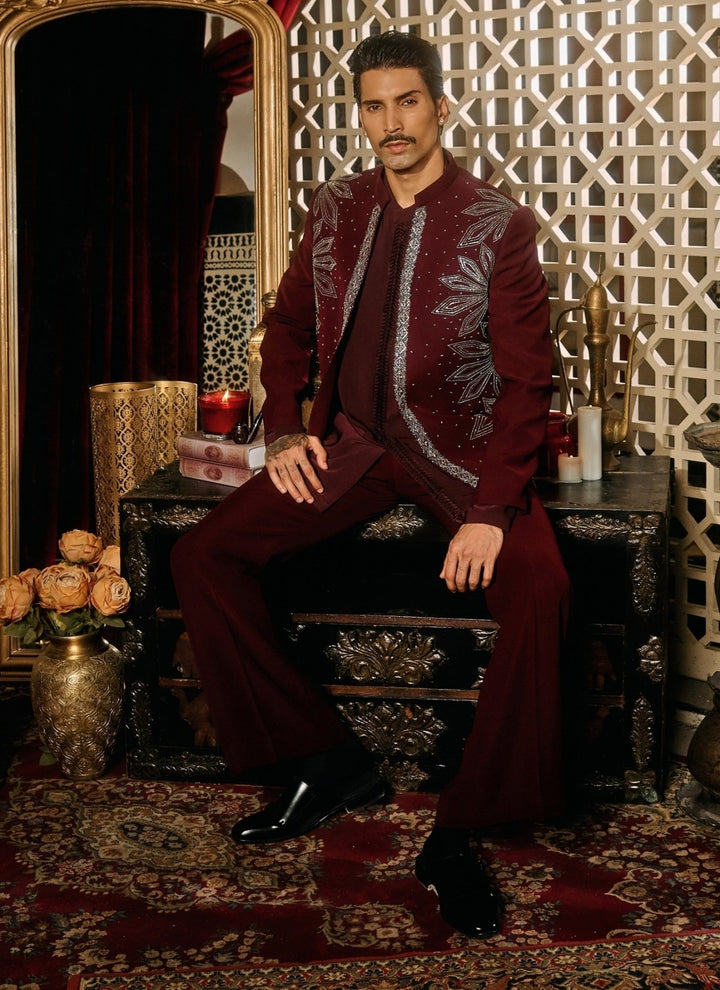 Contrast by Parth Burgundy Red Lycra Suiting Short Jacket SetFabilicious Fashion
