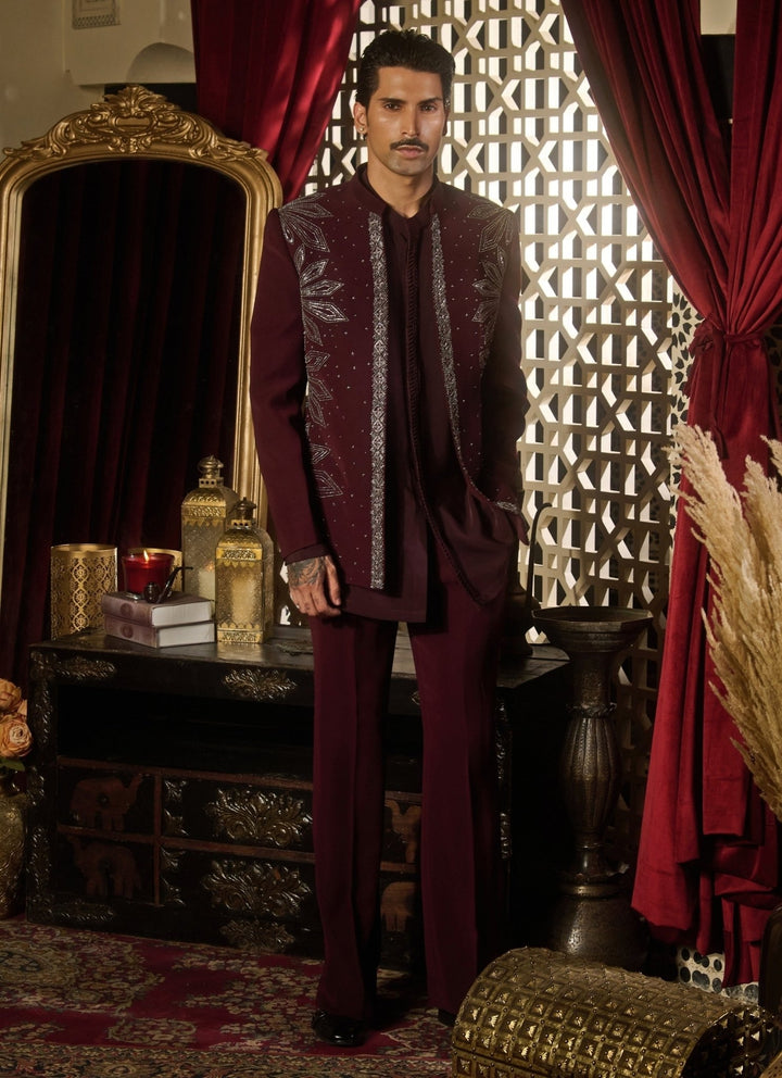 Contrast by Parth Burgundy Red Lycra Suiting Short Jacket SetFabilicious Fashion