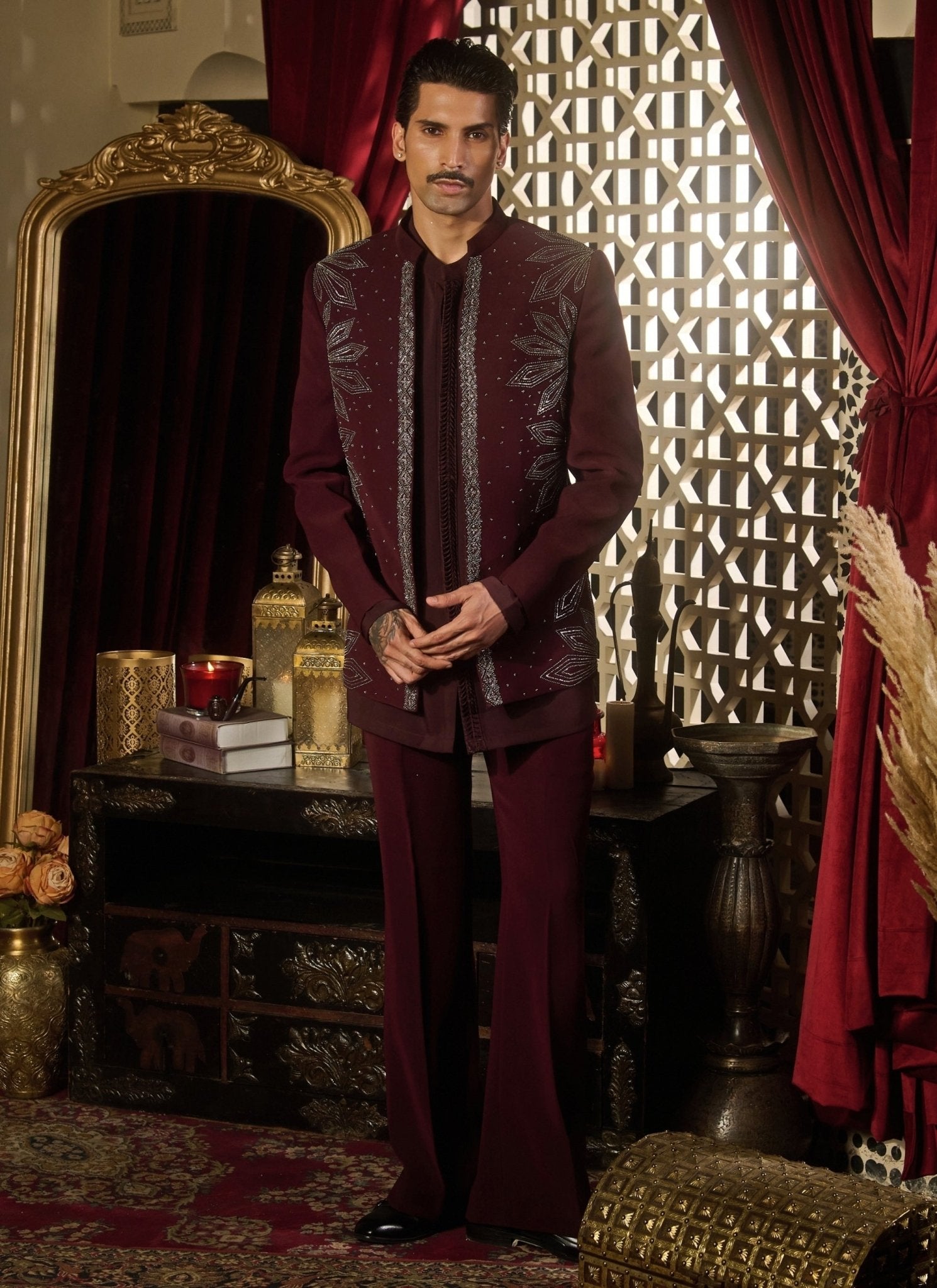 Burgundy red lycra suiting short jacket set by Contrast by Parth — men's indo-western for a wedding