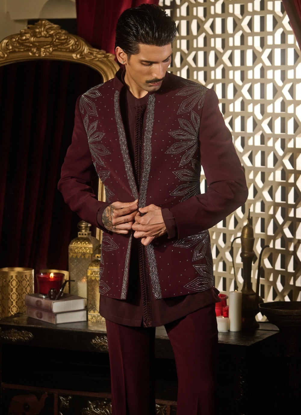 Contrast by Parth Burgundy Red Lycra Suiting Short Jacket SetFabilicious Fashion