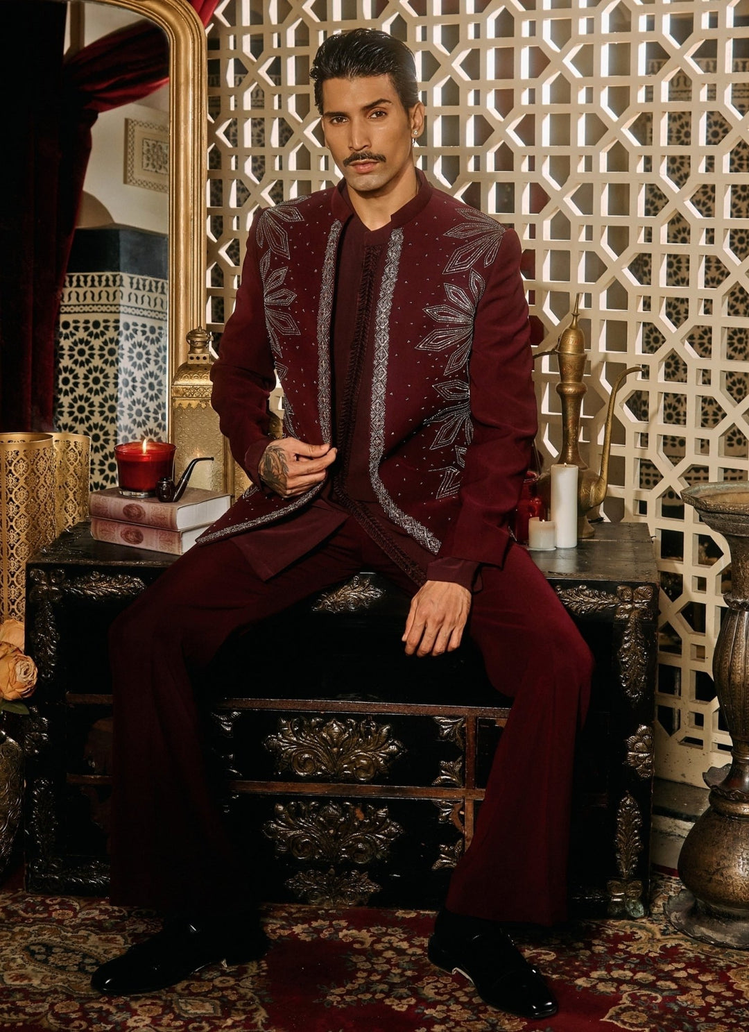 Contrast by Parth Burgundy Red Lycra Suiting Short Jacket SetFabilicious Fashion