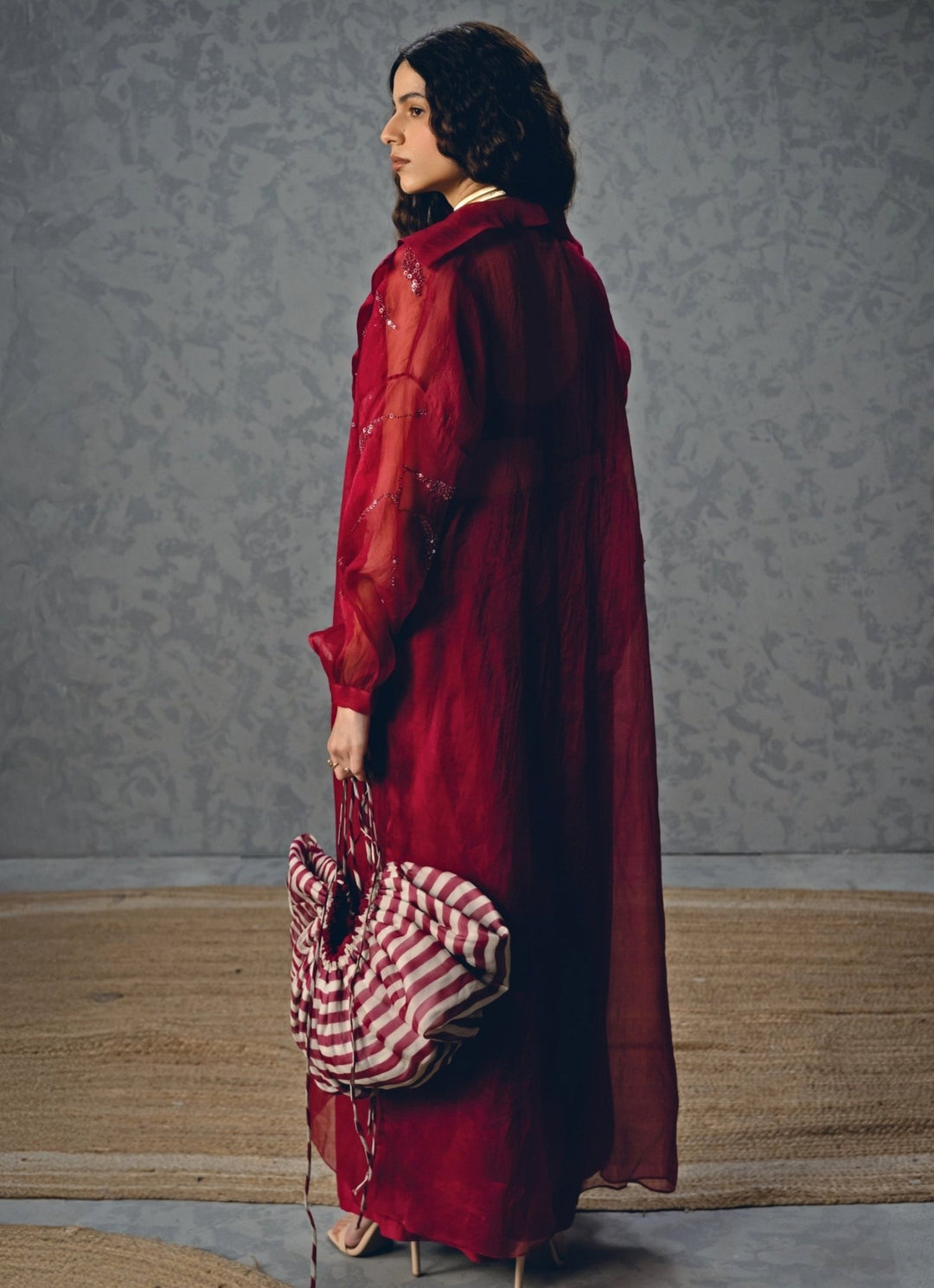 Burgundy Red Organza Pant Set With Jacket Paulmi and Harsh X Ease - Fabilicious Fashion