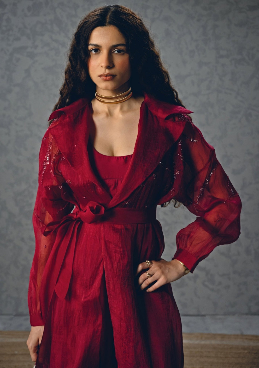 Burgundy Red Organza Pant Set With Jacket Paulmi and Harsh X Ease - Fabilicious Fashion
