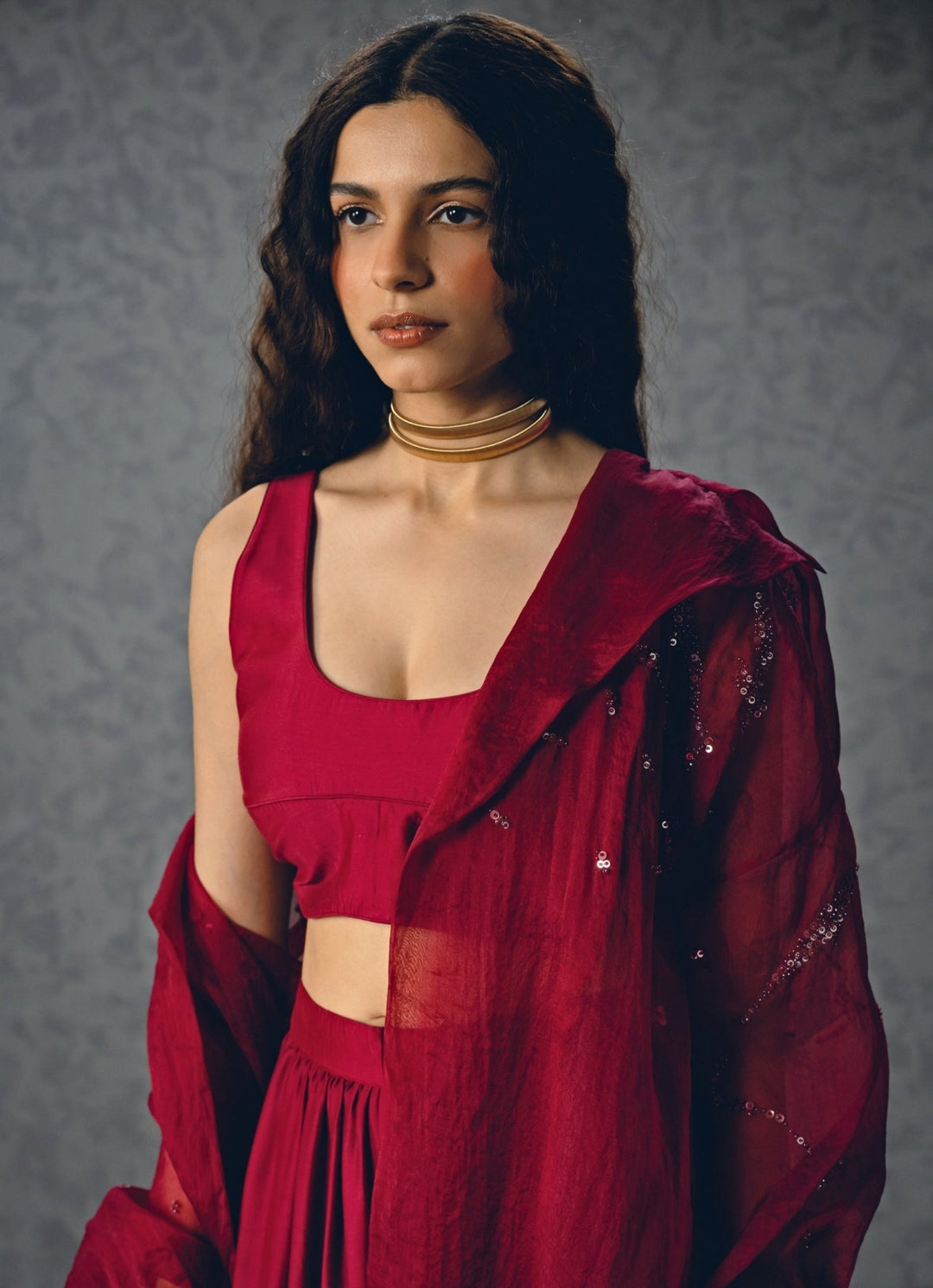 Burgundy Red Organza Pant Set With Jacket Paulmi and Harsh X Ease - Fabilicious Fashion