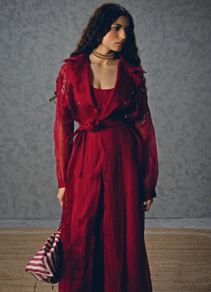 Burgundy Red Organza Pant Set With Jacket Paulmi and Harsh X Ease - Fabilicious Fashion
