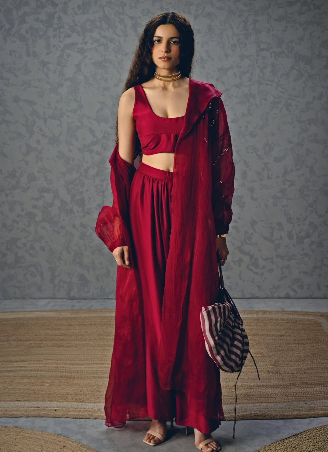 Burgundy Red Organza Pant Set With Jacket Paulmi and Harsh X Ease - Fabilicious Fashion