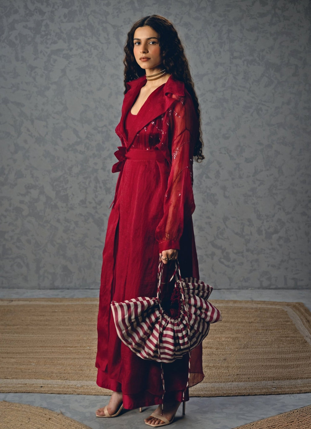 Burgundy Red Organza Pant Set With Jacket Paulmi and Harsh X Ease - Fabilicious Fashion