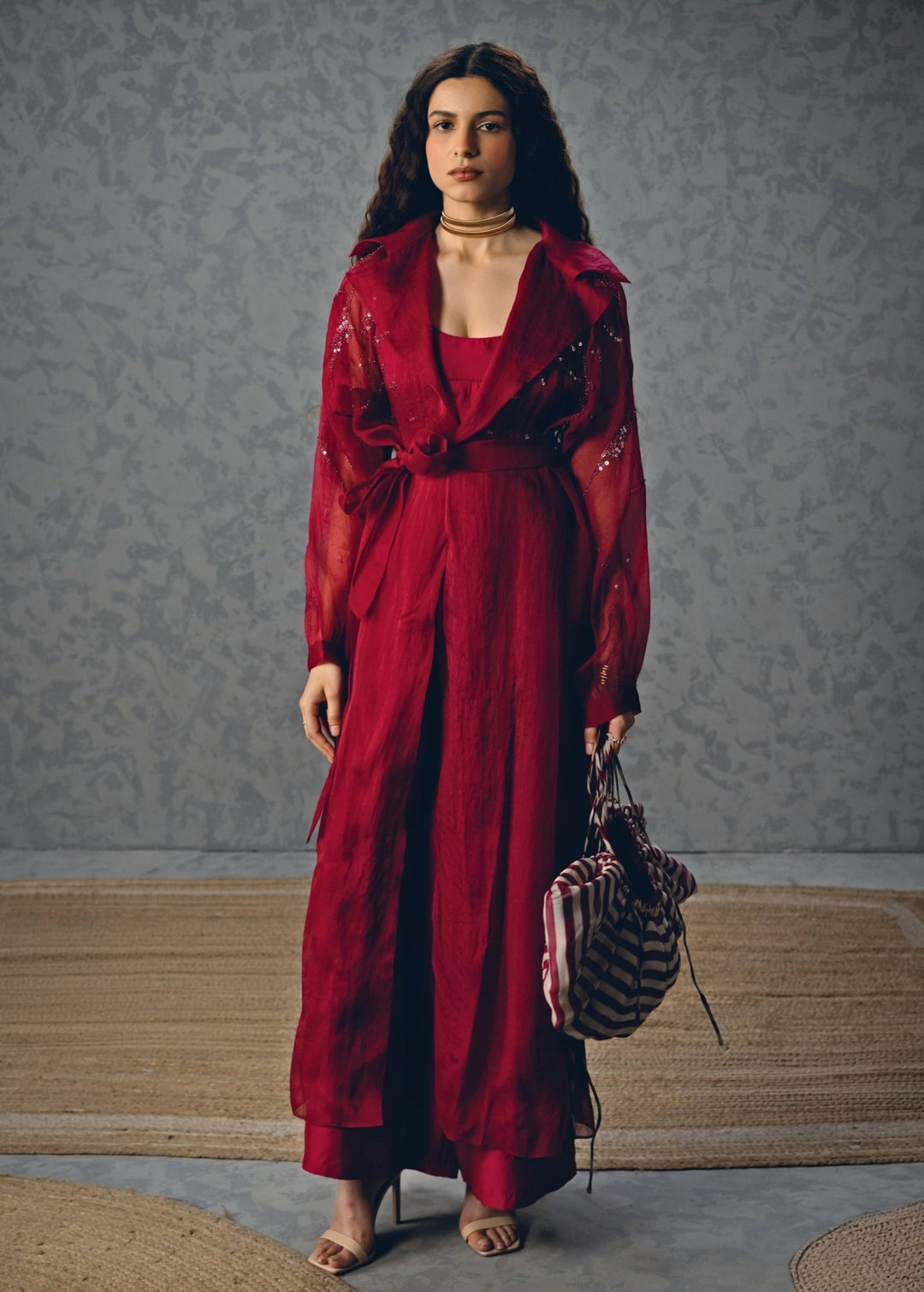 Burgundy Red Organza Pant Set With Jacket Paulmi and Harsh X Ease - Fabilicious Fashion