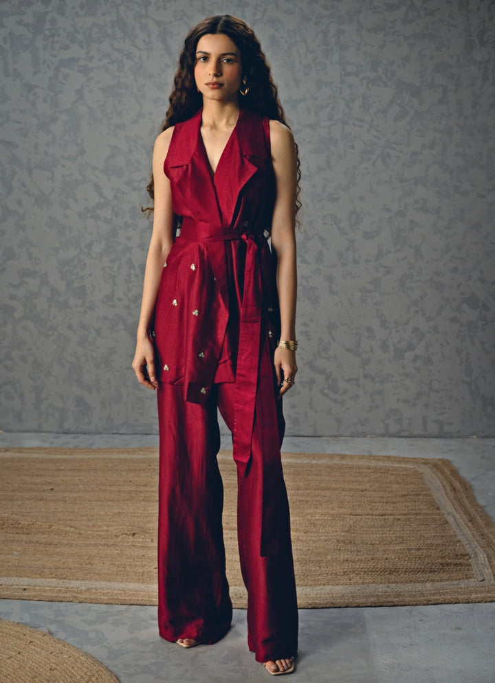 Burgundy Red Silk Co - Ord Set Paulmi and Harsh X Ease - Fabilicious Fashion