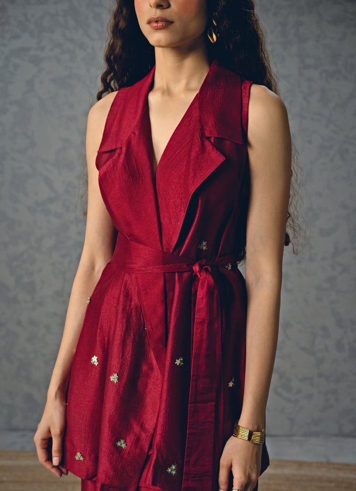 Burgundy Red Silk Co - Ord Set Paulmi and Harsh X Ease - Fabilicious Fashion