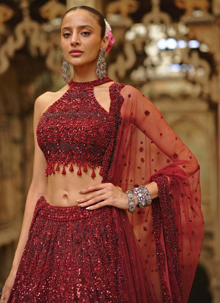 Burgundy Red Soft Net Lehenga Set Nitika Gujral - Fabilicious Fashion