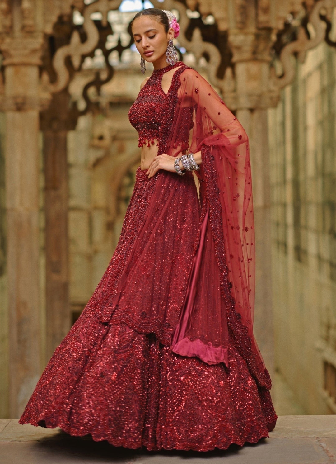Burgundy Red Soft Net Lehenga Set Nitika Gujral - Fabilicious Fashion