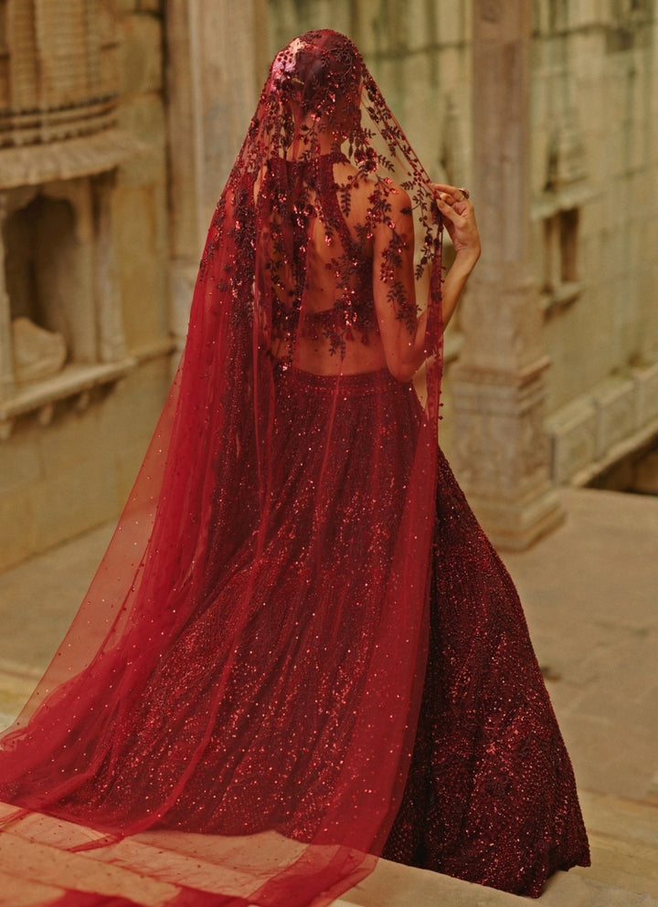 Burgundy Red Soft Net Lehenga Set Nitika Gujral - Fabilicious Fashion