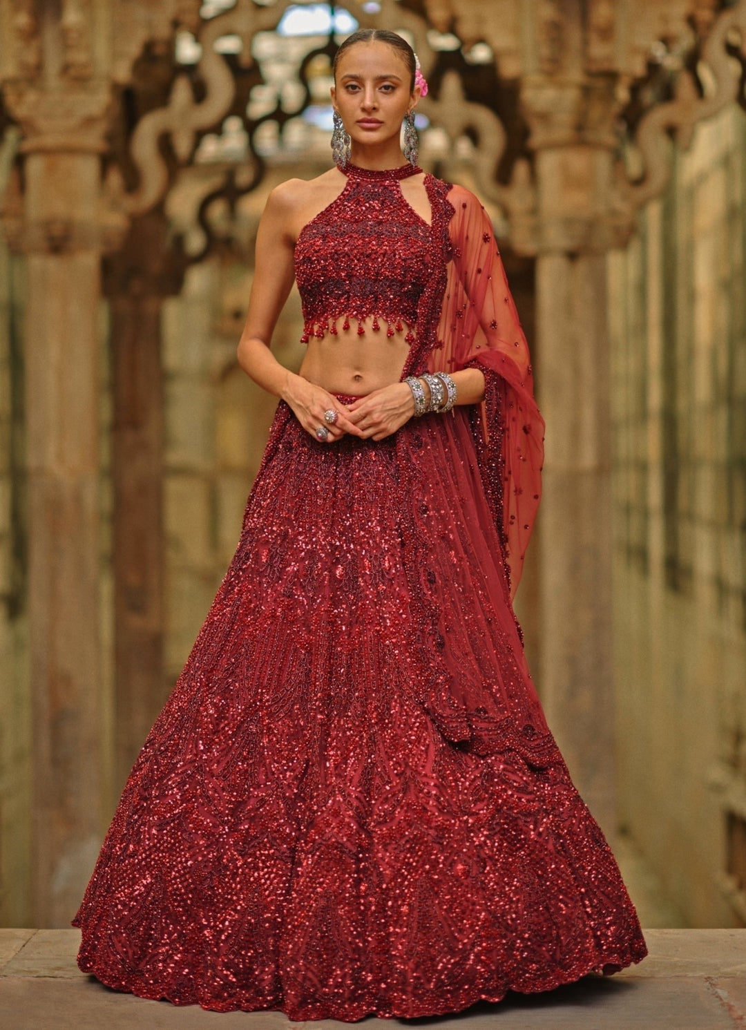 Burgundy Red Soft Net Lehenga Set Nitika Gujral - Fabilicious Fashion