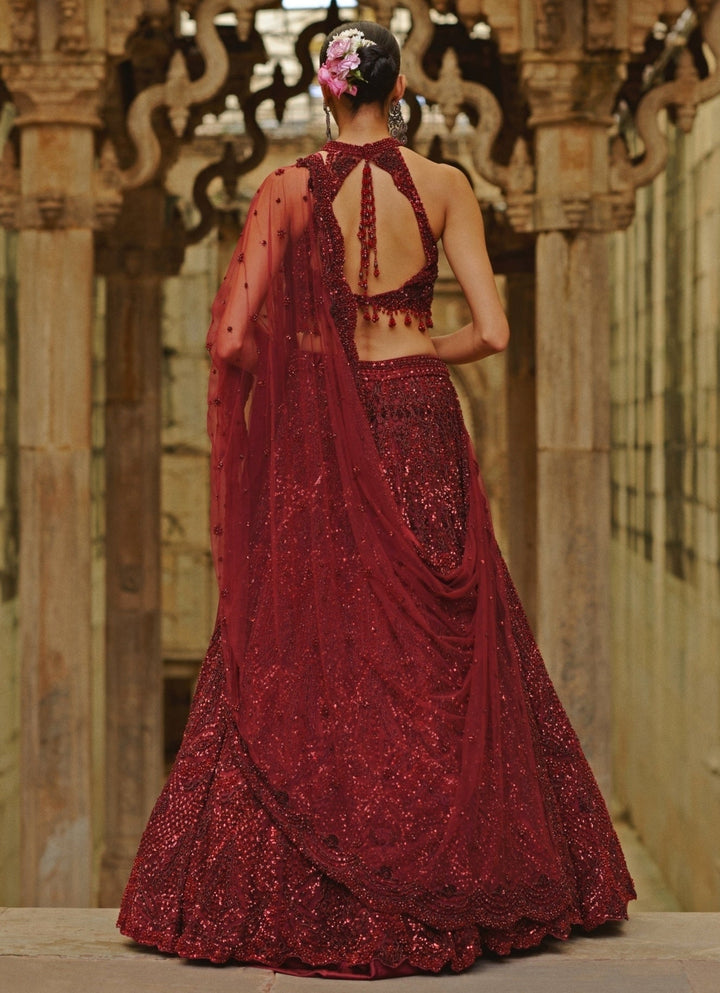 Burgundy Red Soft Net Lehenga Set Nitika Gujral - Fabilicious Fashion