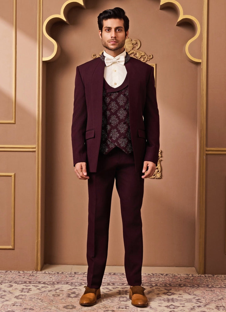 Burgundy Red Suiting Tuxedo Set Nitika Gujral - Men - Fabilicious Fashion