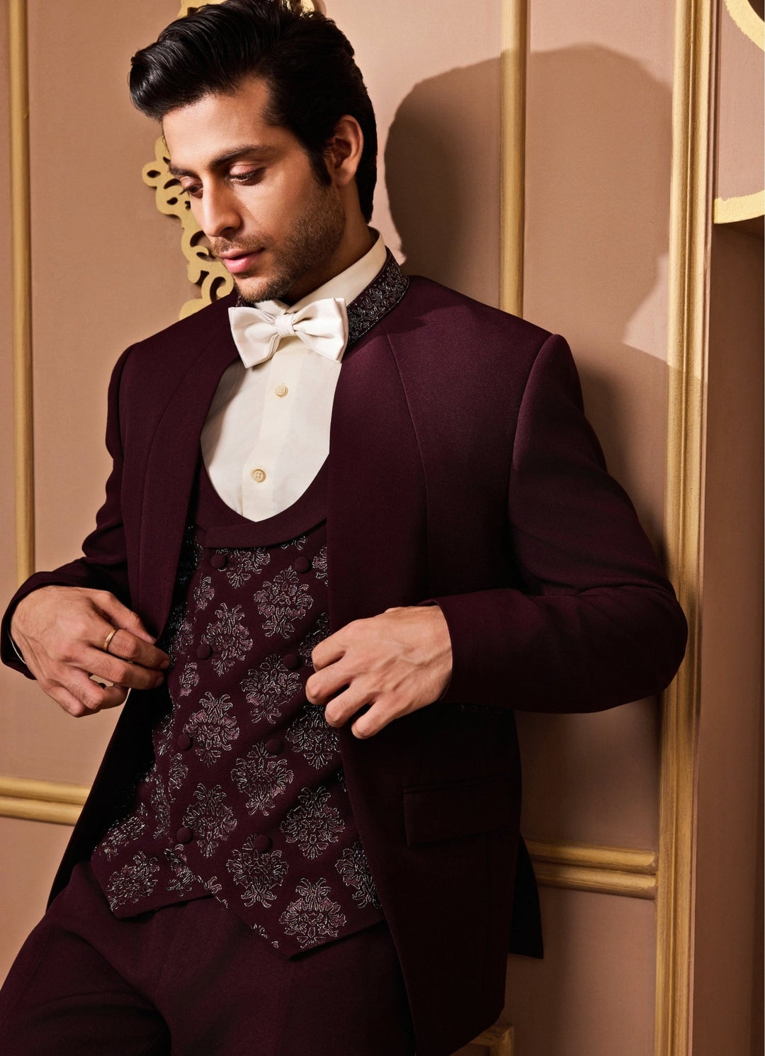 Burgundy Red Suiting Tuxedo Set Nitika Gujral - Men - Fabilicious Fashion