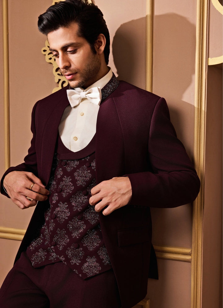 Burgundy Red Suiting Tuxedo Set Nitika Gujral - Men - Fabilicious Fashion