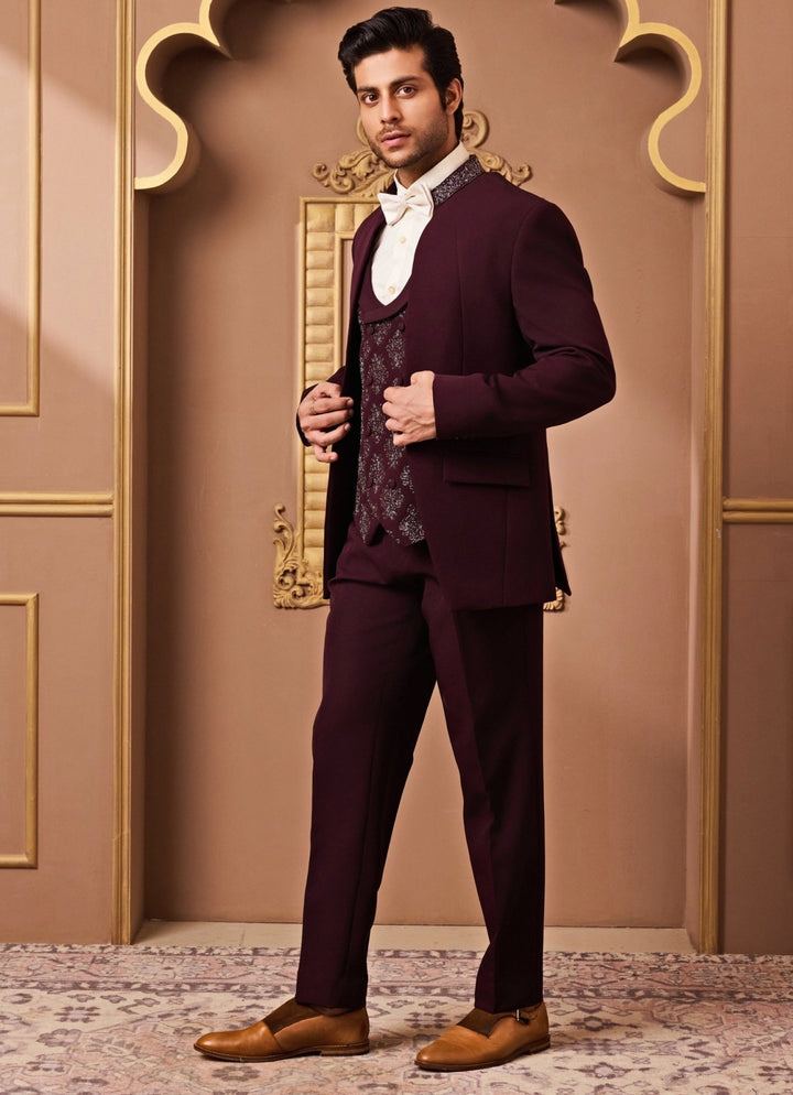 Burgundy Red Suiting Tuxedo Set Nitika Gujral - Men - Fabilicious Fashion