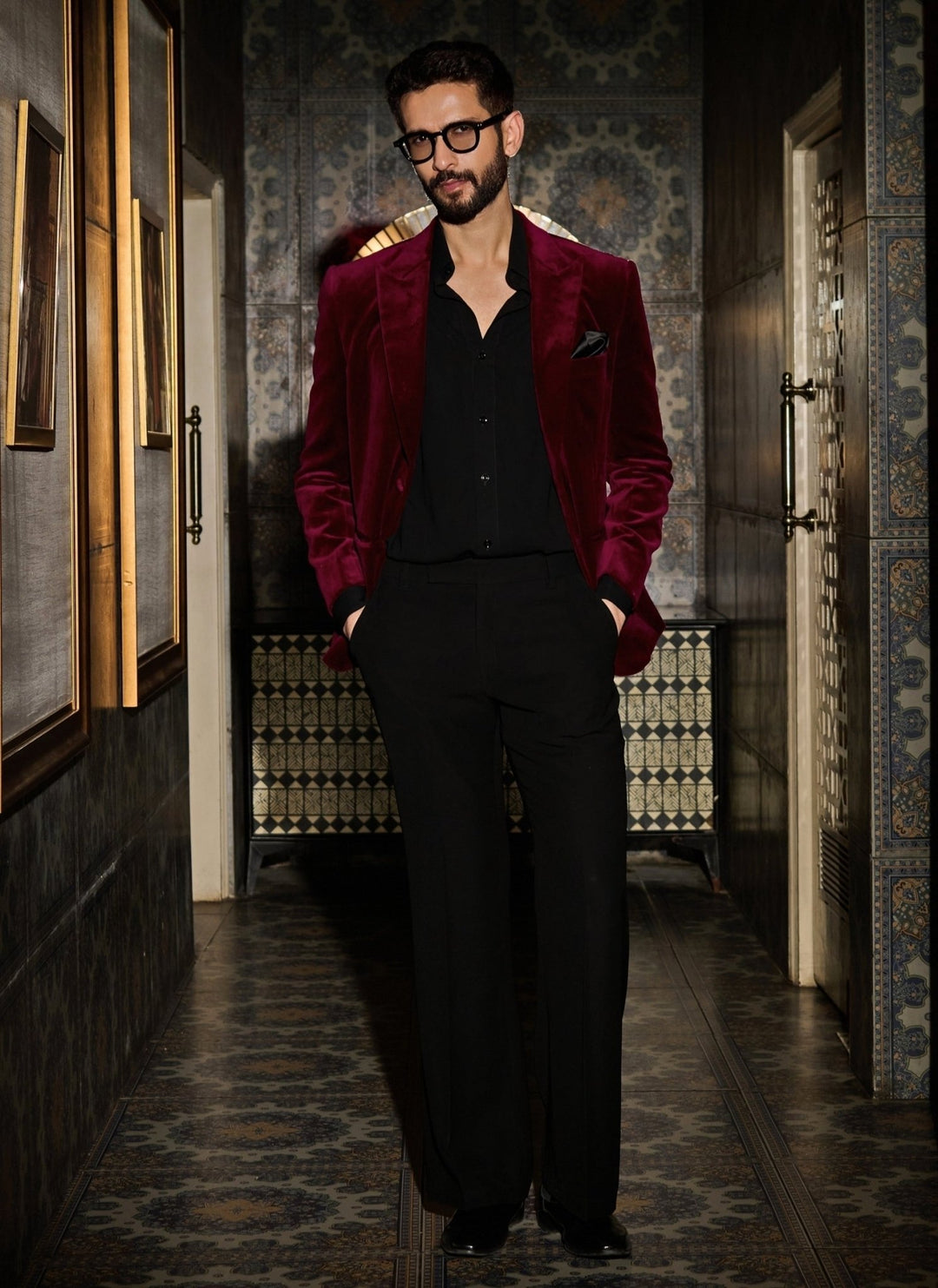 Contrast by Parth Burgundy Red Velvet Tuxedo Set Fabilicious Fashion