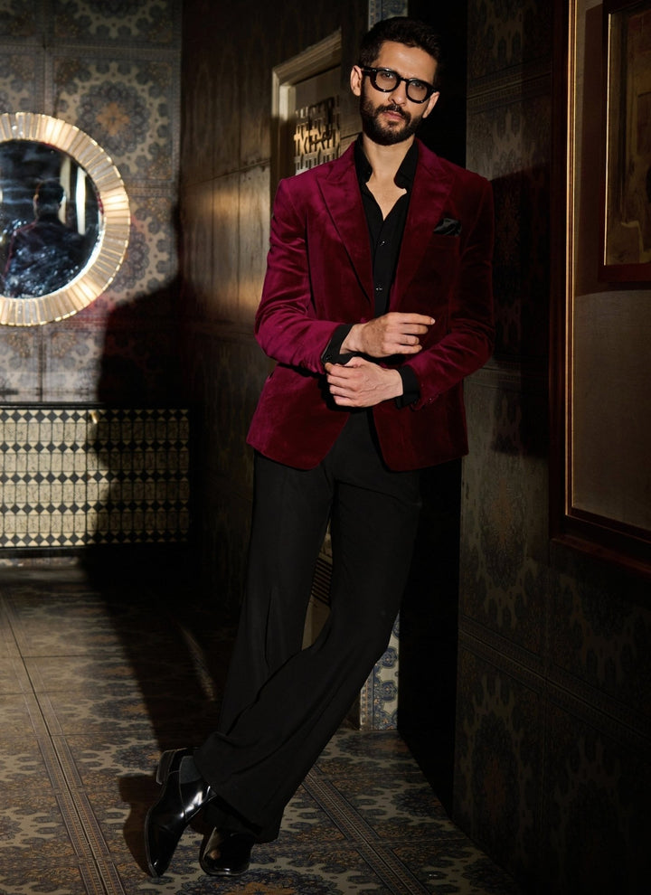 Contrast by Parth Burgundy Red Velvet Tuxedo SetFabilicious Fashion
