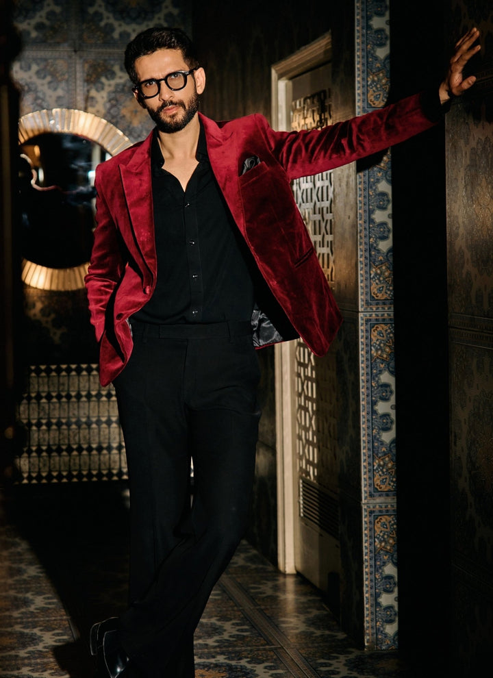 Contrast by Parth Burgundy Red Velvet Tuxedo SetFabilicious Fashion