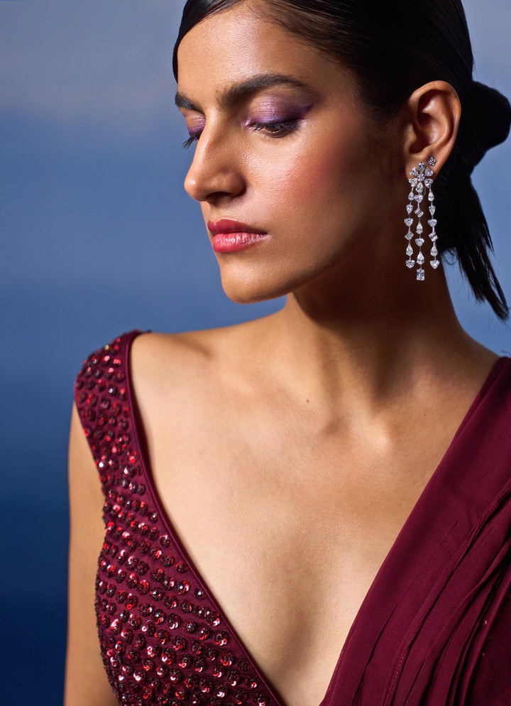 Burgundy Sequinned Georgette Pre - Draped Saree Angad Singh - Fabilicious Fashion