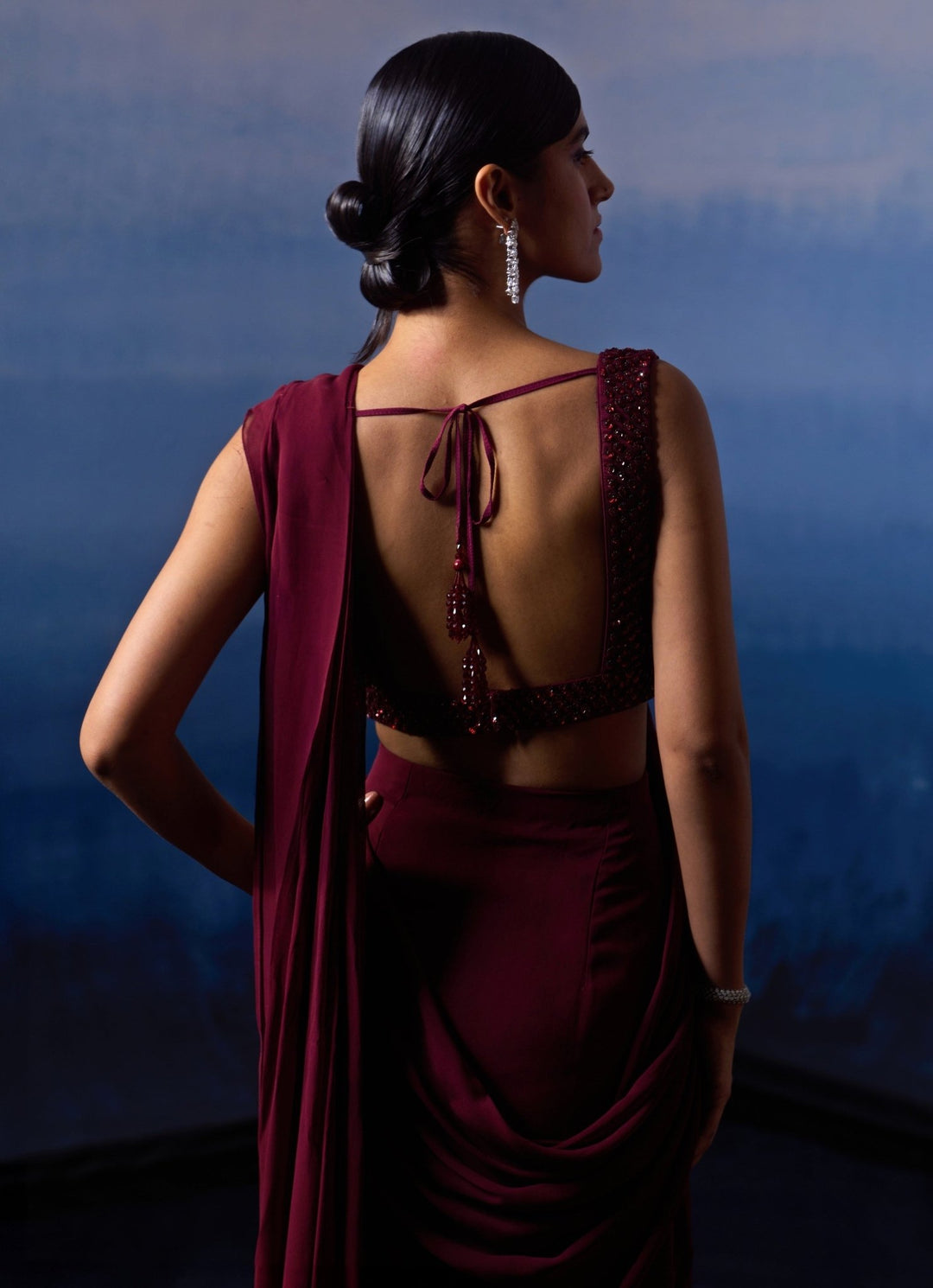 Burgundy Sequinned Georgette Pre - Draped Saree Angad Singh - Fabilicious Fashion